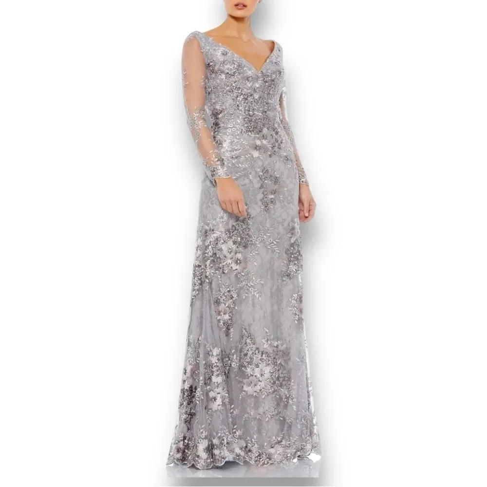 MAC DUGGAL Women’s Embellished V-Neck Illusion Long Sleeve Gown in the Size 12 - Picture 2 of 14